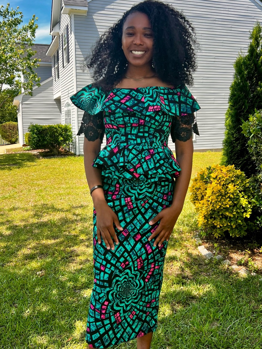 Green and Pink Ankara African Print Peplum Skirt and Blouse  Set